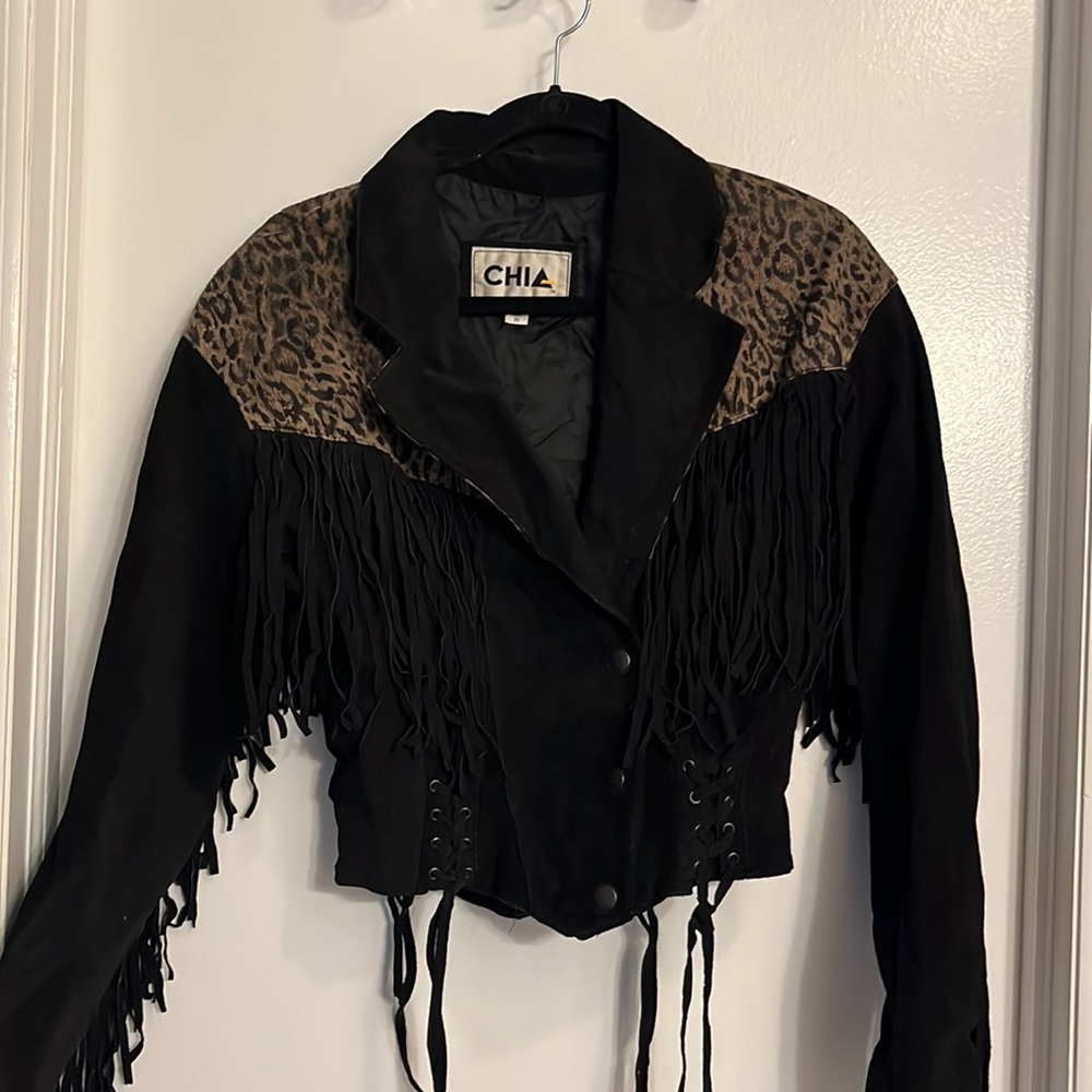 Chia Black Suede cropped fringe jacket -size M
